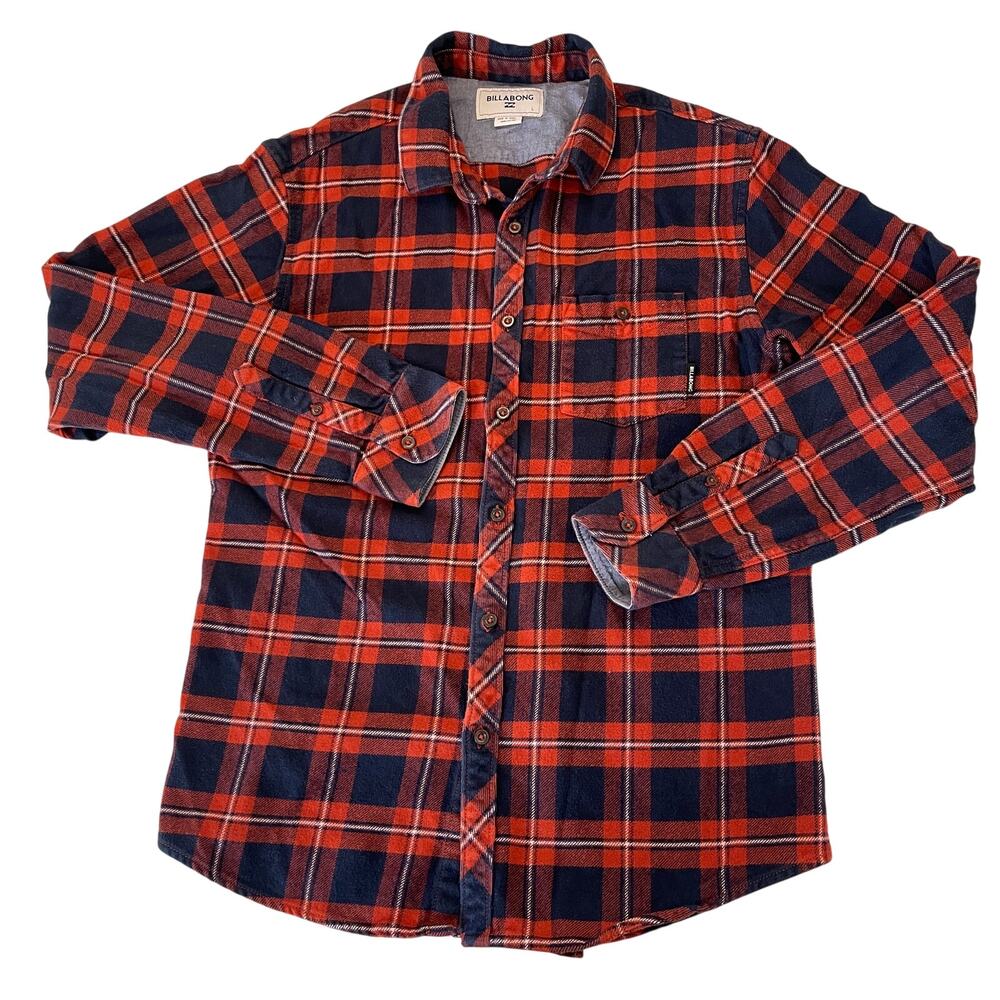 Billabong Red Blue Plaid Flannel Cotton Button Down Rugged Shirt Size Mens Large